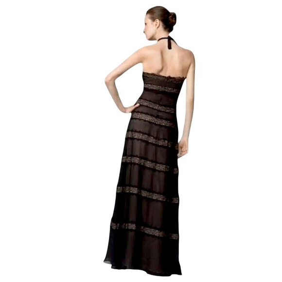 BCBGMaxAzria Black Silk & Lace Tiered Maxi Dress Gown w/ Nude Size 8 - Picture 2 of 10